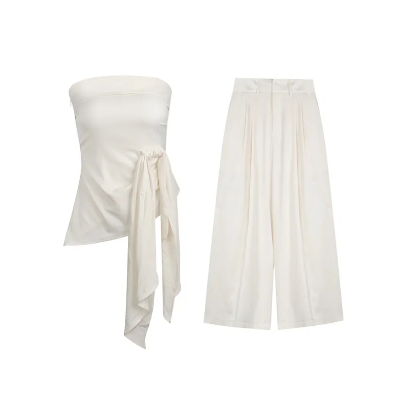 Off - shoulder Satin Off - the - shoulder Top and Wide - leg Pants Set
