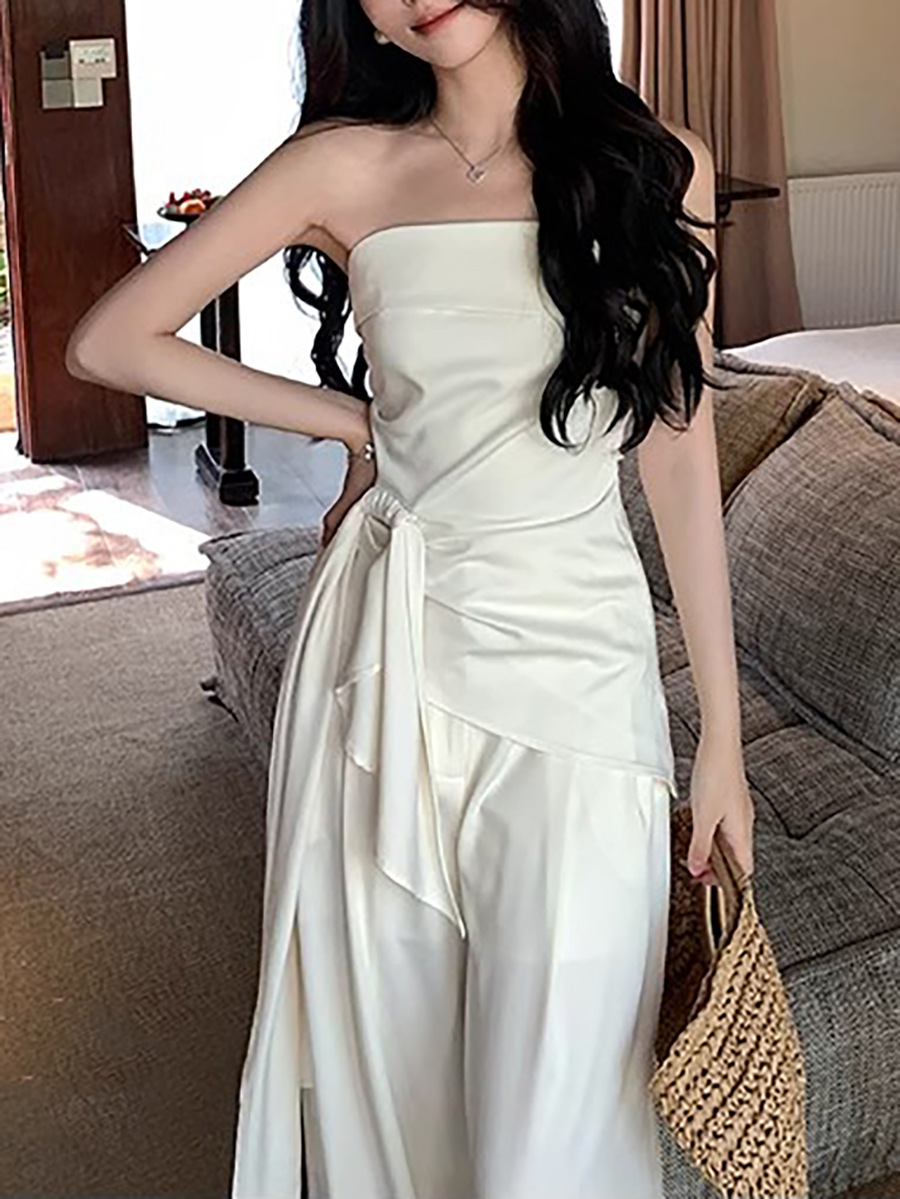 Off - shoulder Satin Off - the - shoulder Top and Wide - leg Pants Set