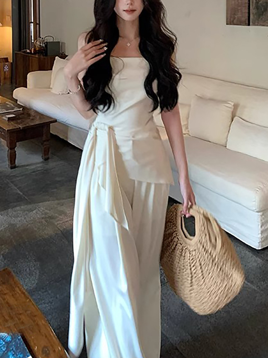 Off - shoulder Satin Off - the - shoulder Top and Wide - leg Pants Set