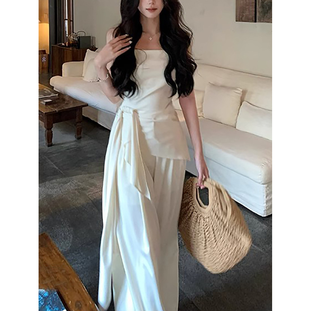Off - shoulder Satin Off - the - shoulder Top and Wide - leg Pants Set