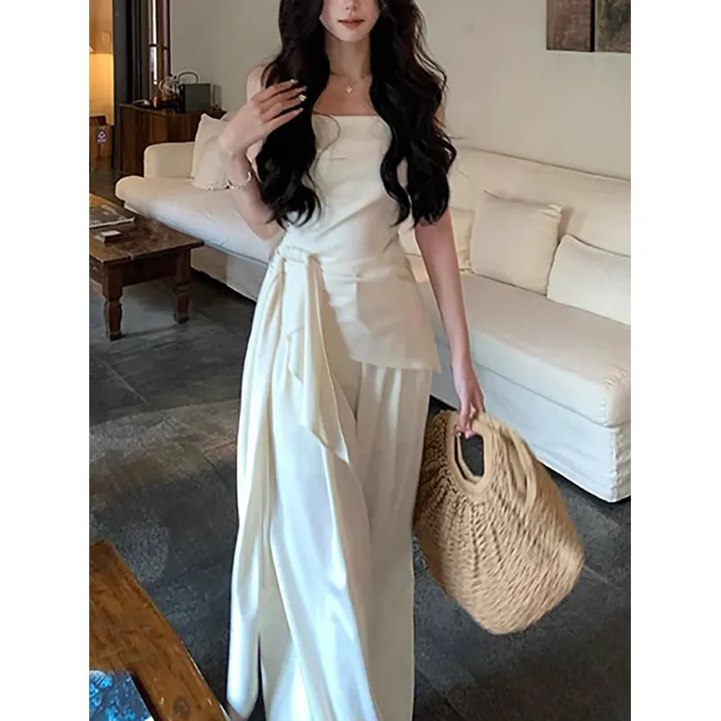 Off - shoulder Satin Off - the - shoulder Top and Wide - leg Pants Set