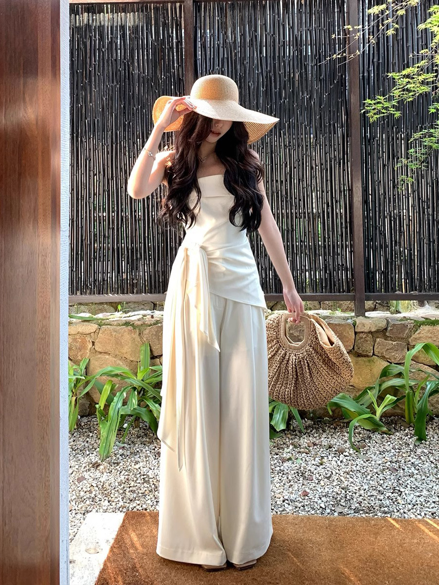 Off - shoulder Satin Off - the - shoulder Top and Wide - leg Pants Set