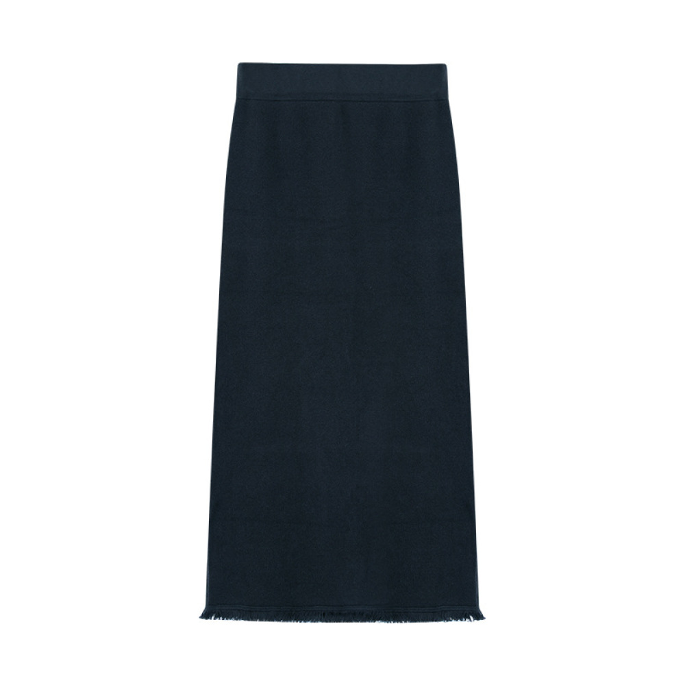 Slim-Fit Straight Hem Fringe Knit Skirt