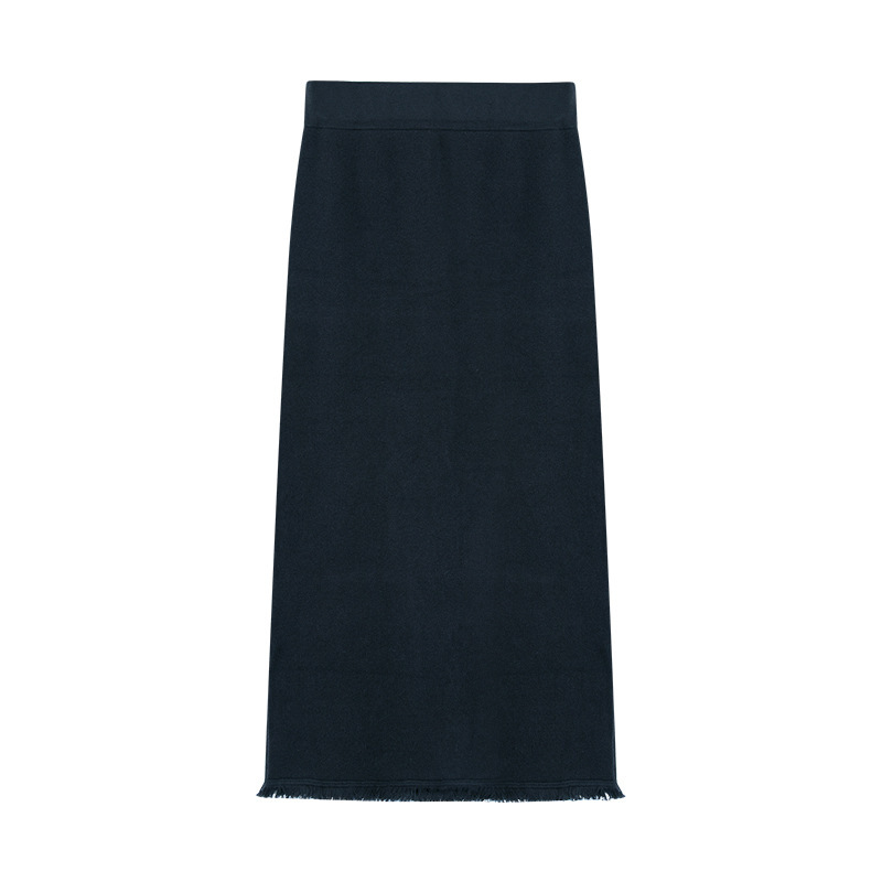 Slim-Fit Straight Hem Fringe Knit Skirt