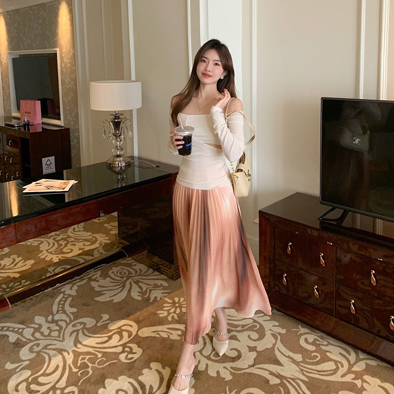 Slimming Tie-Dye Pleated Long Midi Skirt