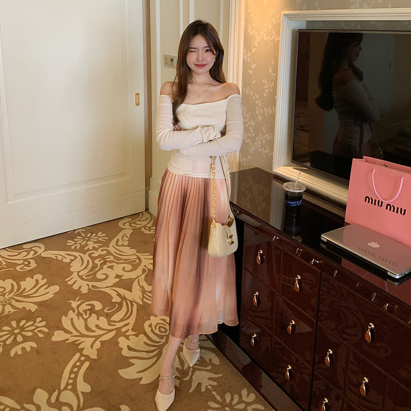 Slimming Tie-Dye Pleated Long Midi Skirt