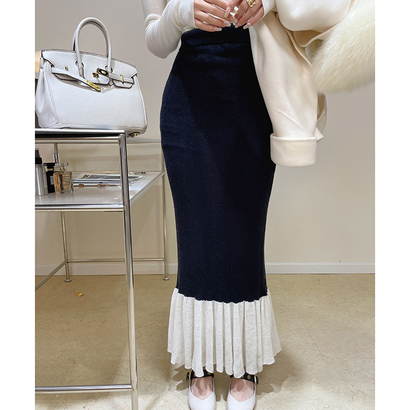 Wool Blend Color-Block Fish Tail Skirt