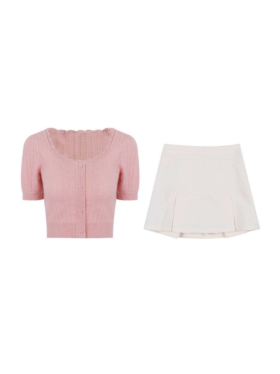 Cute Knit Woolen Shortsleeve Top & Skirt Set