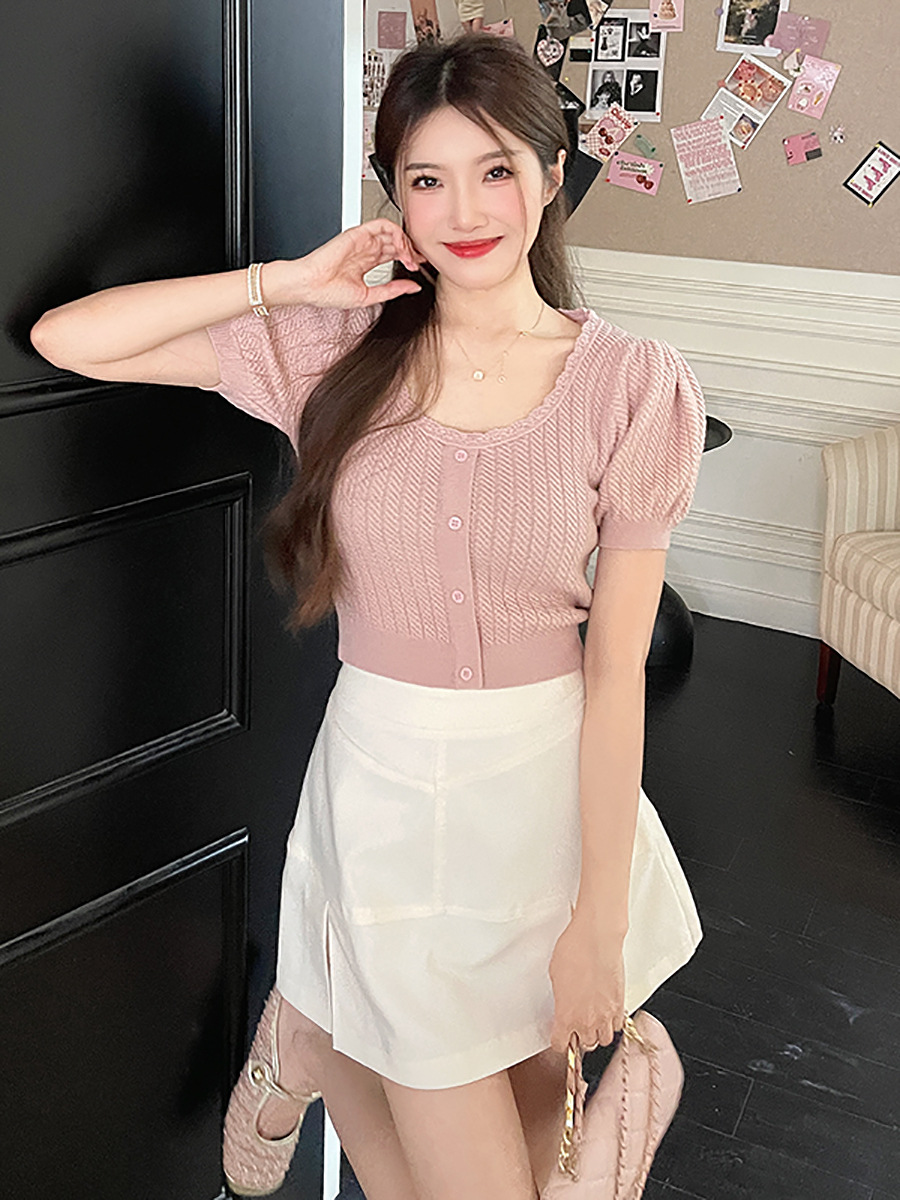 Cute Knit Woolen Shortsleeve Top & Skirt Set