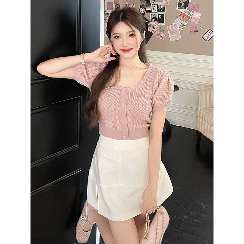 Cute Knit Woolen Shortsleeve Top & Skirt Set