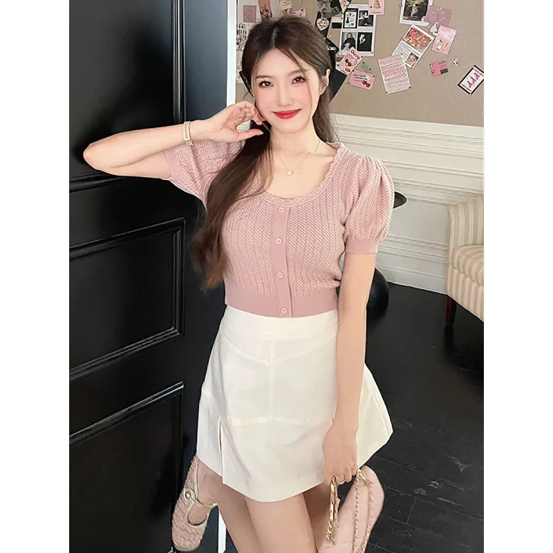 Cute Knit Woolen Shortsleeve Top & Skirt Set