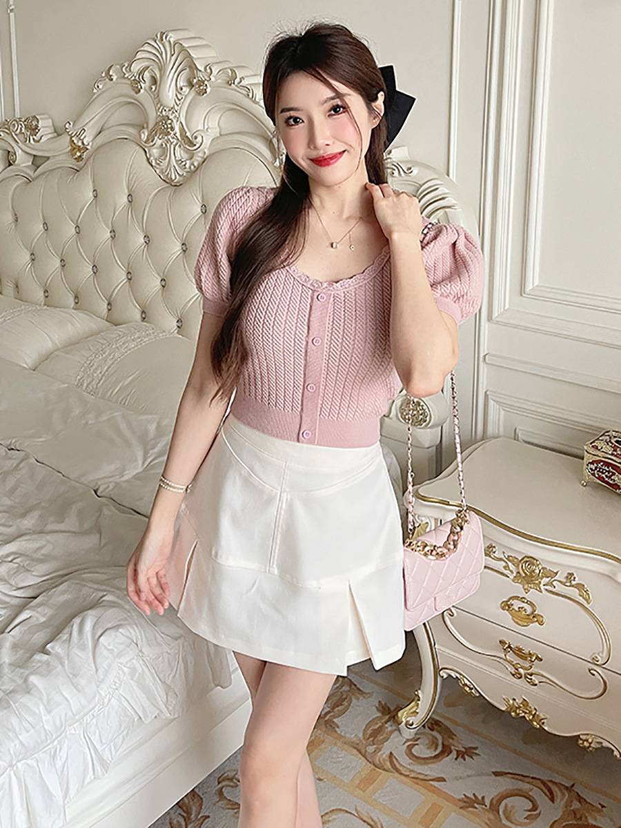 Cute Knit Woolen Shortsleeve Top & Skirt Set
