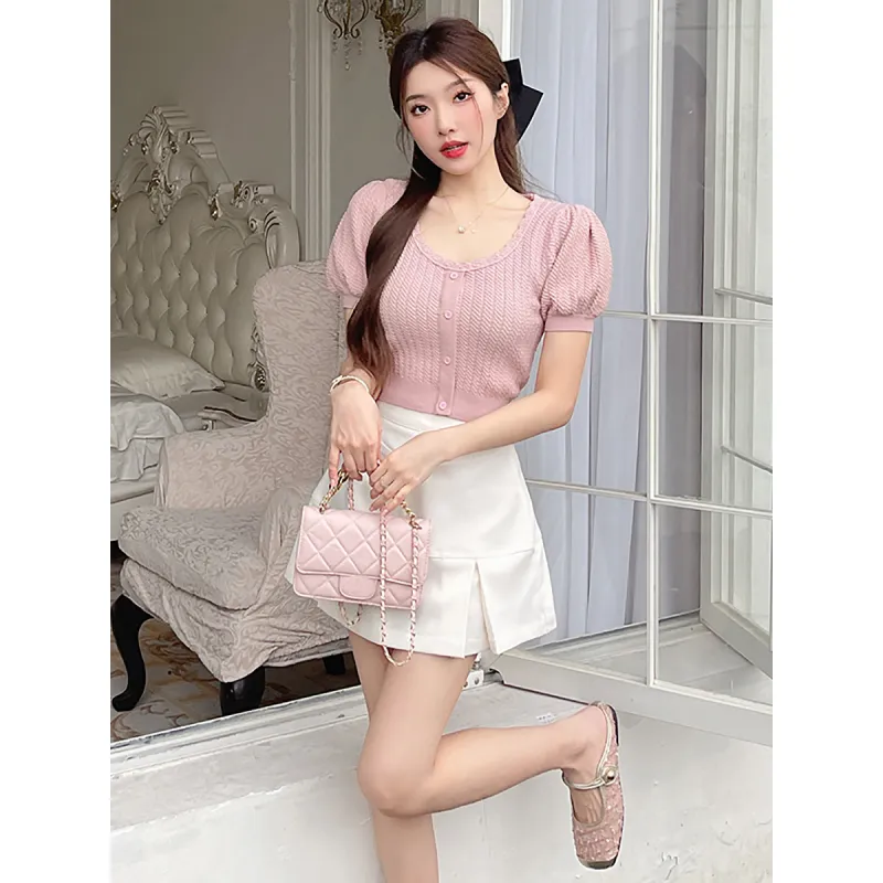 Cute Knit Woolen Shortsleeve Top & Skirt Set