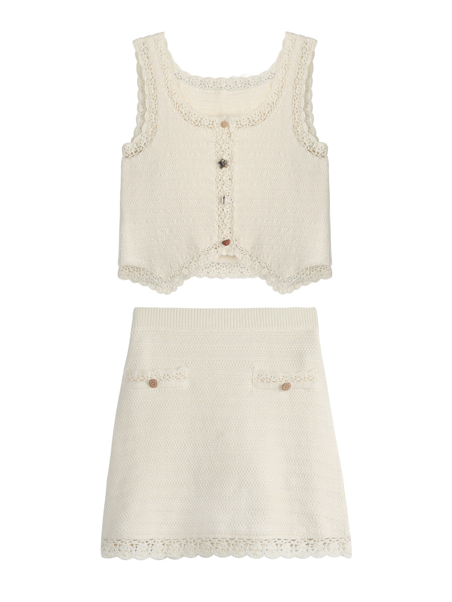 Lace Hooked Knit Top & Wide-Leg Skirt Set