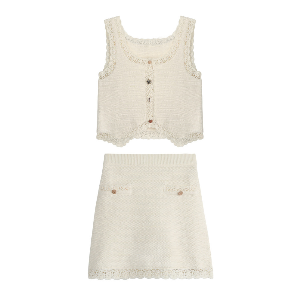 Lace Hooked Knit Top & Wide-Leg Skirt Set