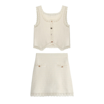 Lace Hooked Knit Top & Wide-Leg Skirt Set 01