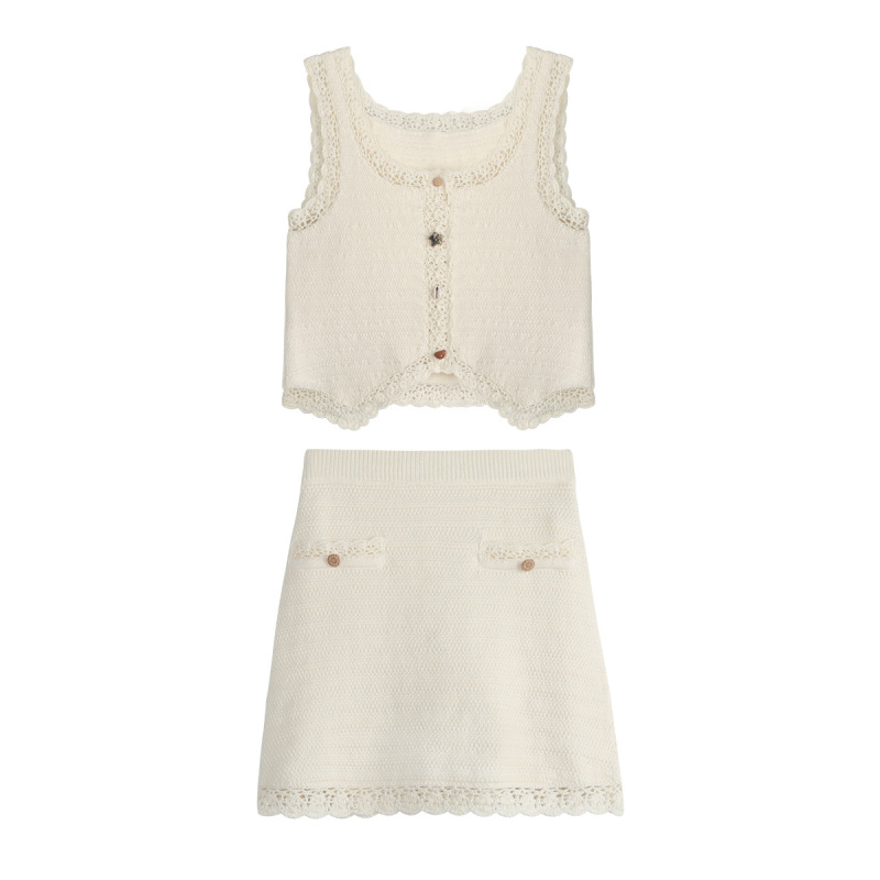 Lace Hooked Knit Top & Wide-Leg Skirt Set