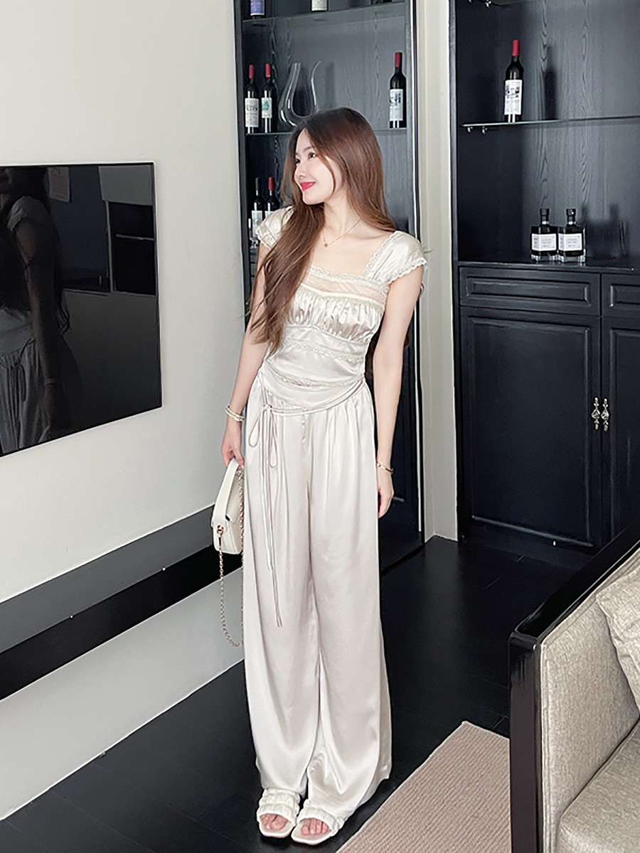 Lace-Trimmed Satin Set: Cami & Wide-Leg Pants