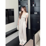 Lace-Trimmed Satin Set: Cami & Wide-Leg Pants