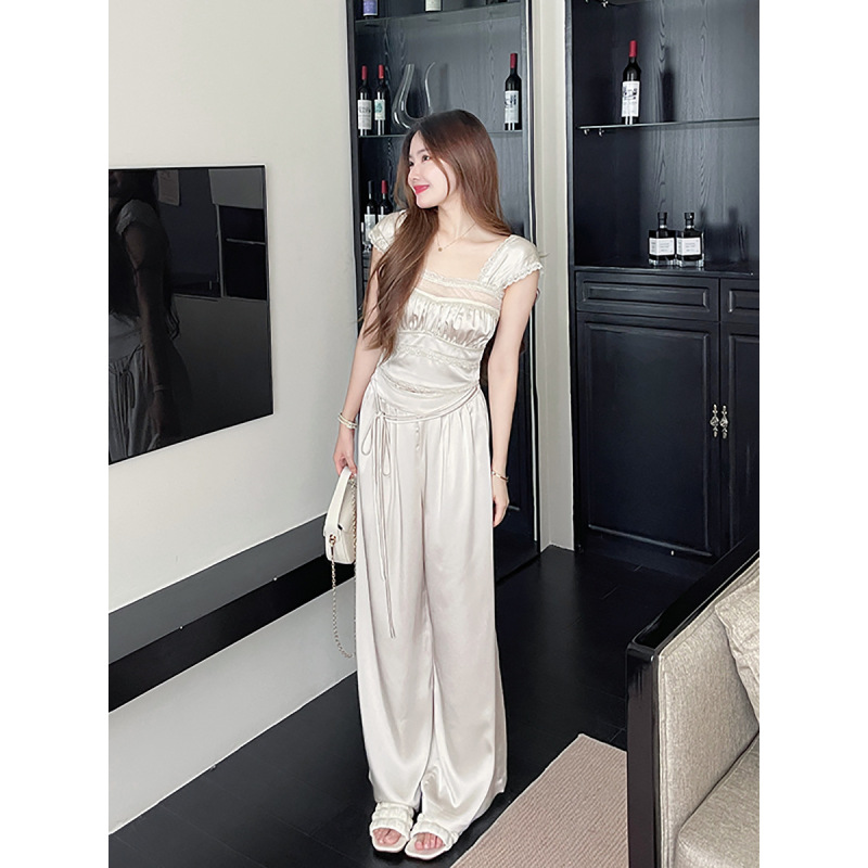 Lace-Trimmed Satin Set: Cami & Wide-Leg Pants