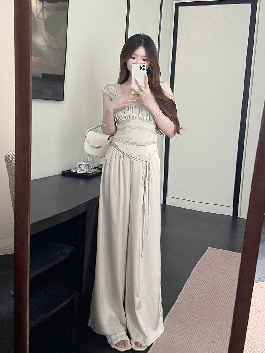 Lace-Trimmed Satin Set: Cami & Wide-Leg Pants