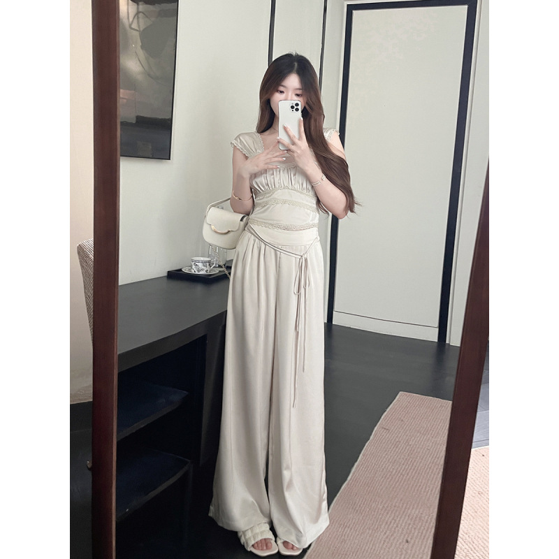 Lace-Trimmed Satin Set: Cami & Wide-Leg Pants