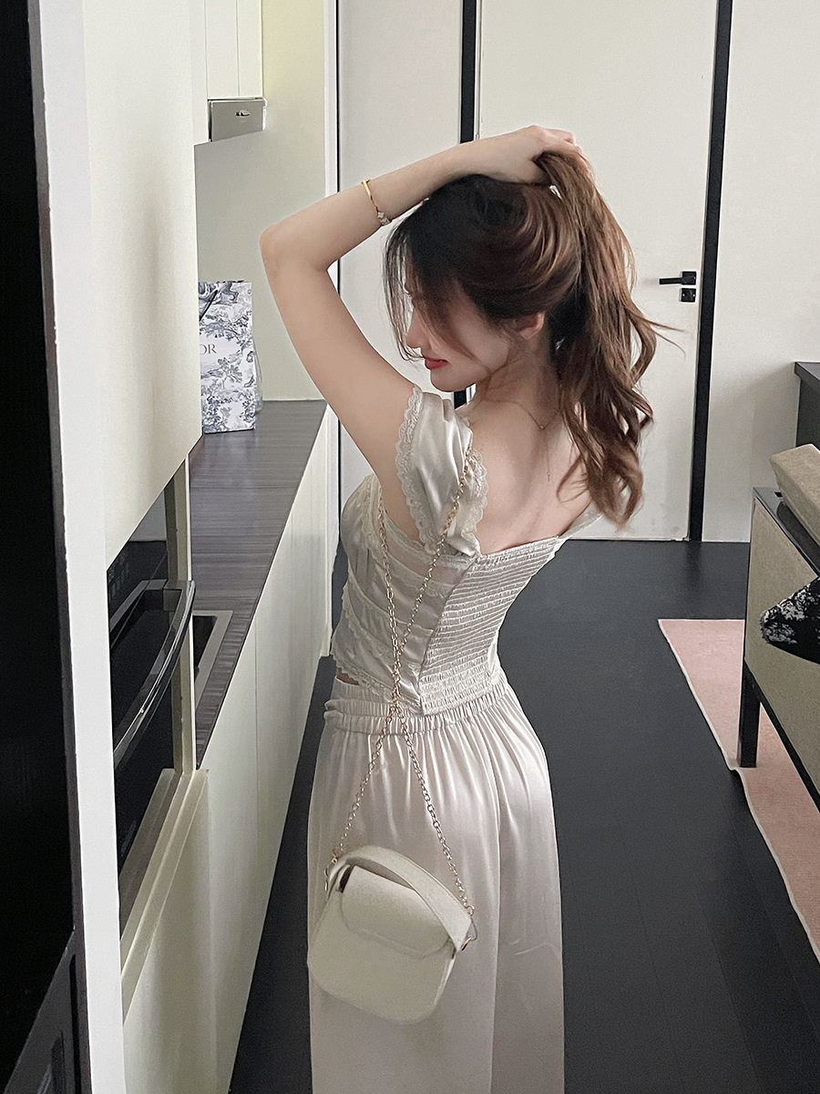 Lace-Trimmed Satin Set: Cami & Wide-Leg Pants