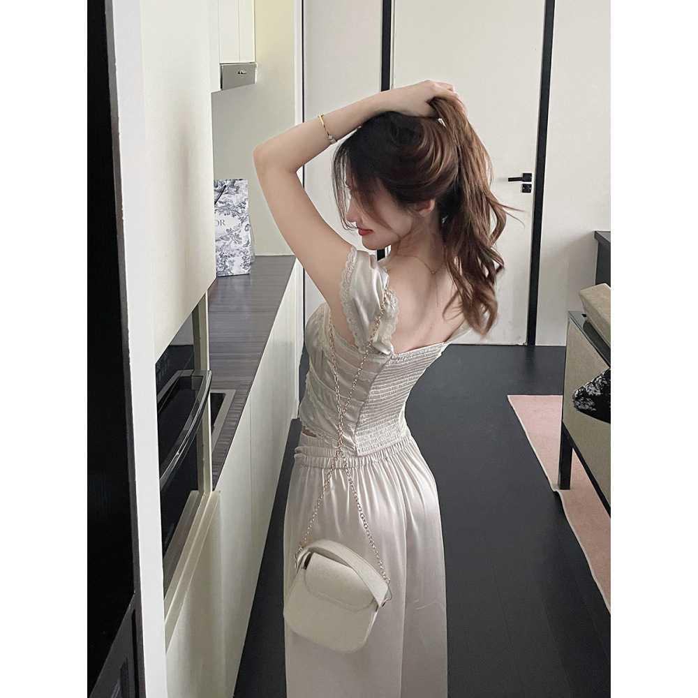 Lace-Trimmed Satin Set: Cami & Wide-Leg Pants