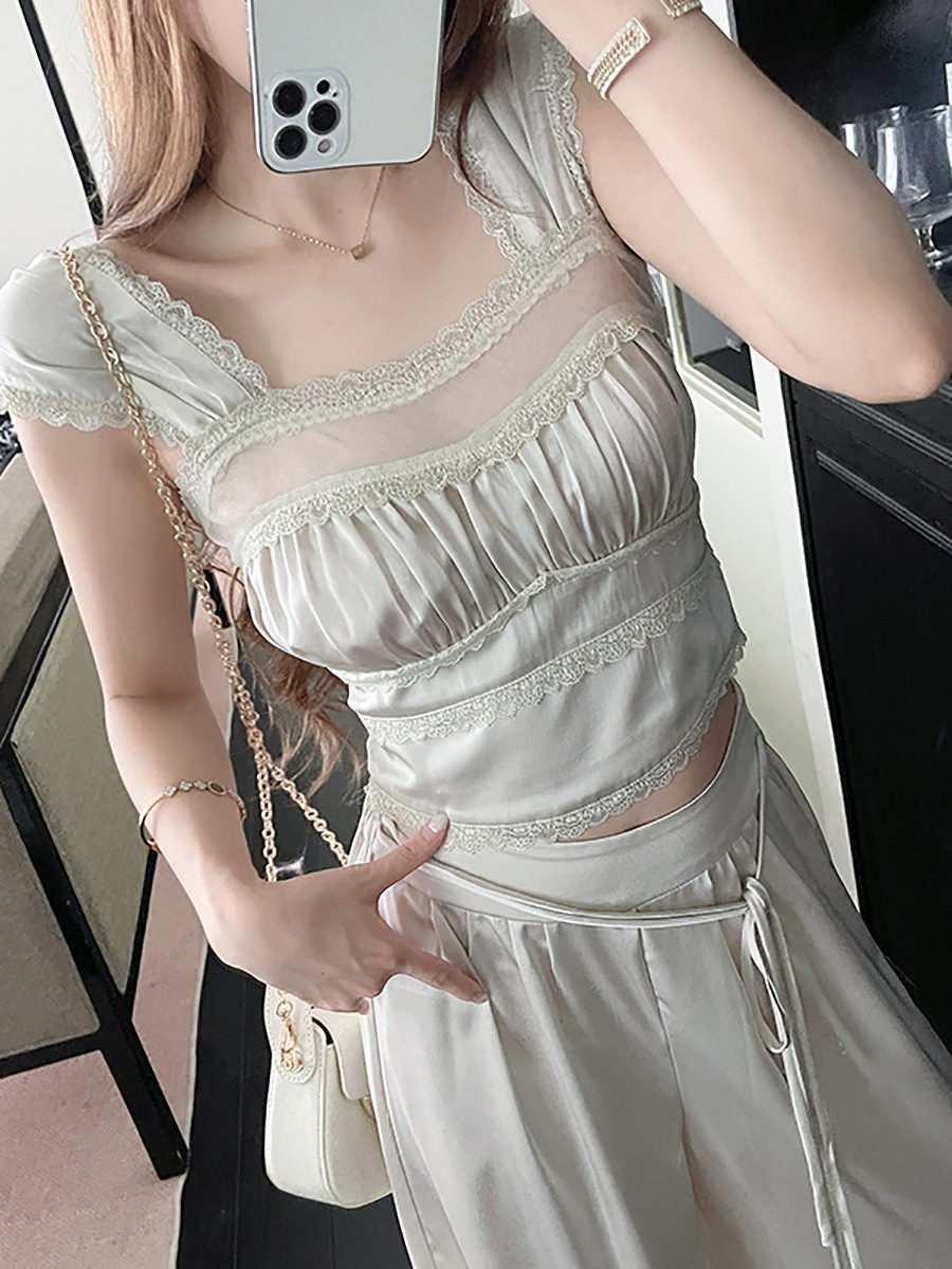 Lace-Trimmed Satin Set: Cami & Wide-Leg Pants