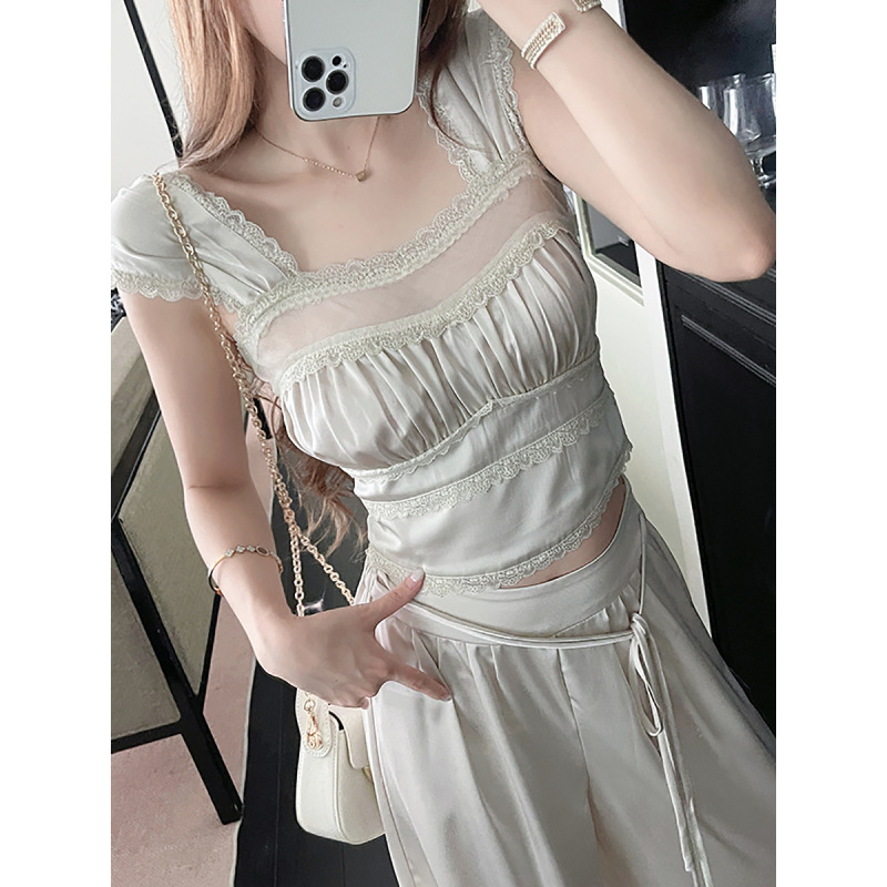 Lace-Trimmed Satin Set: Cami & Wide-Leg Pants