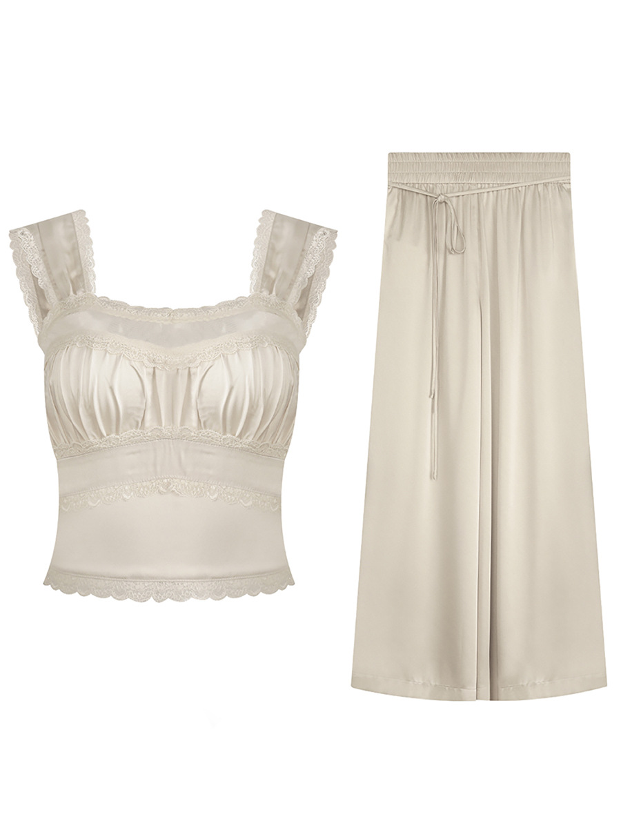 Lace-Trimmed Satin Set: Cami & Wide-Leg Pants