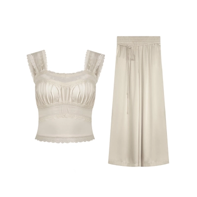 Lace-Trimmed Satin Set: Cami & Wide-Leg Pants 01