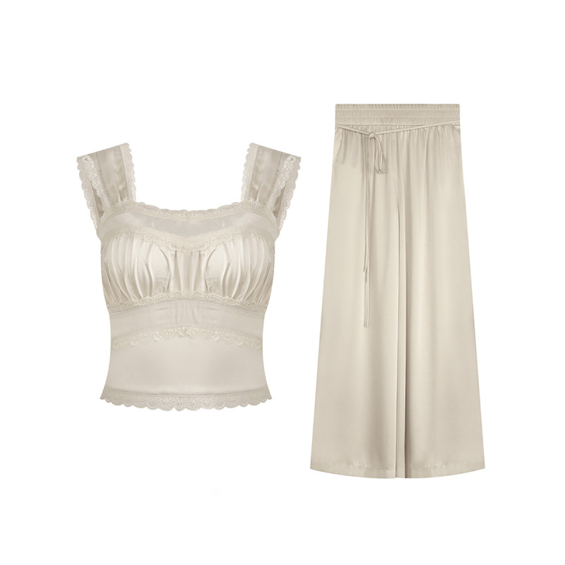 Lace-Trimmed Satin Set: Cami & Wide-Leg Pants