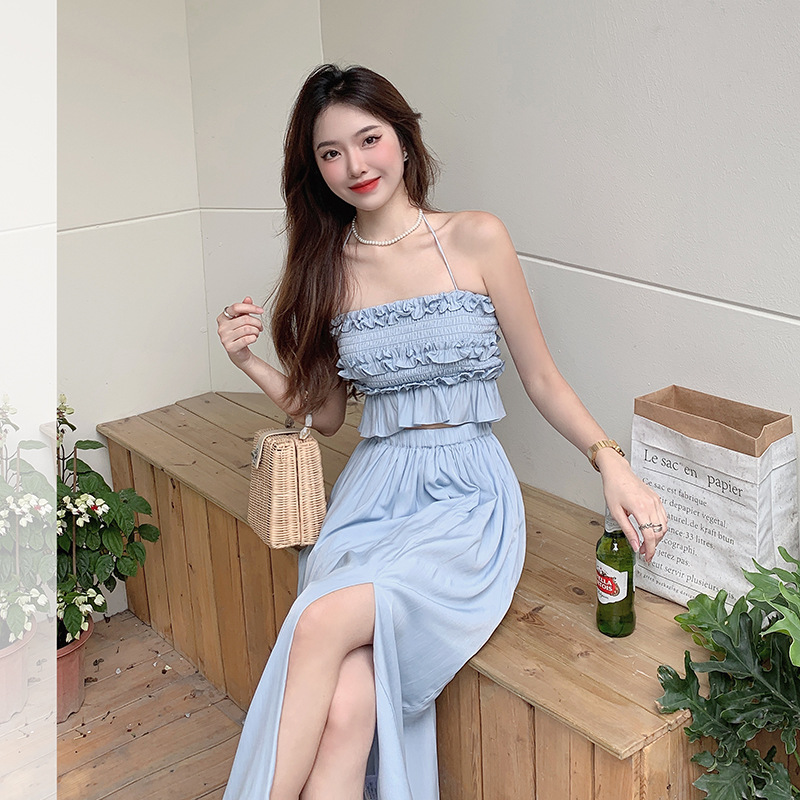 Pastel Salt-Toned Knit & Tulle Two-Piece Set