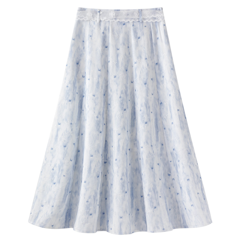 Blue Floral High-Waisted A-Line Summer Skirt