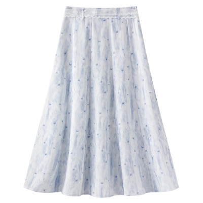 Blue Floral High-Waisted A-Line Summer Skirt 02