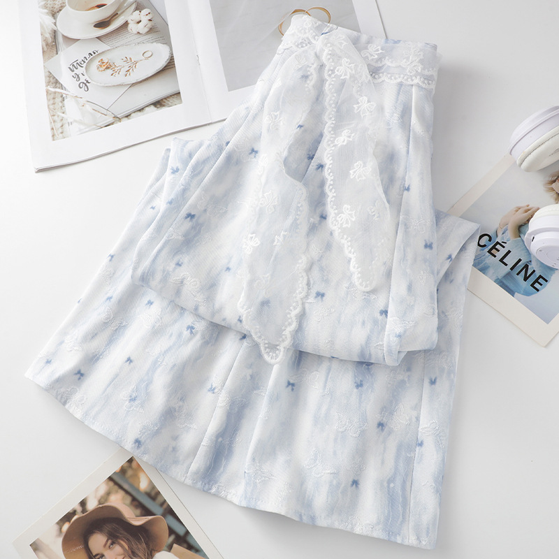 Blue Floral High-Waisted A-Line Summer Skirt