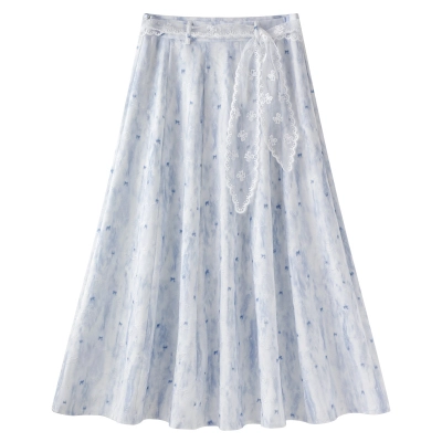 Blue Floral High-Waisted A-Line Summer Skirt 01