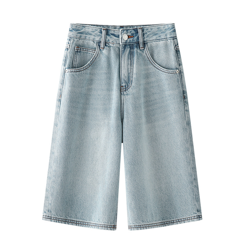 Blue Tencel Denim Cropped Wide - Leg Shorts