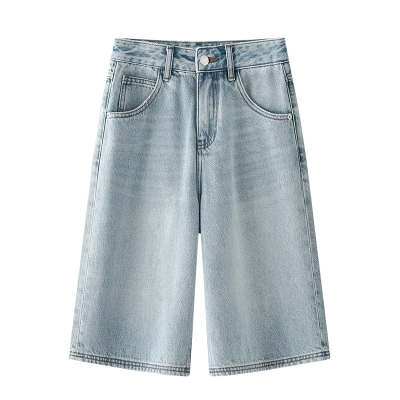 Blue Tencel Denim Cropped Wide - Leg Shorts 01