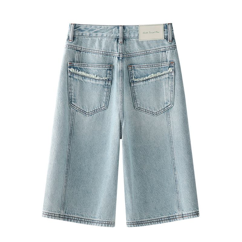 Blue Tencel Denim Cropped Wide - Leg Shorts