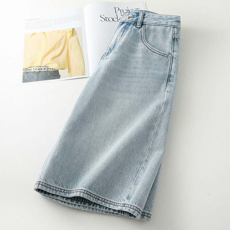 Blue Tencel Denim Cropped Wide - Leg Shorts