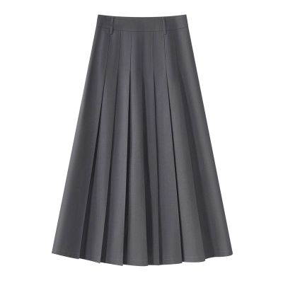 Gray Pleated High - Waisted A - Line Midi Skirt 01