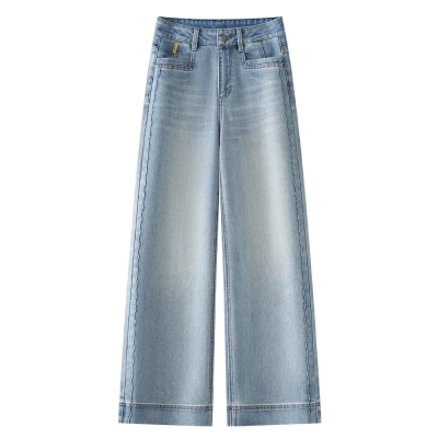 Light - Blue Straight - Leg Jeans Summer Slim High - Waisted  01