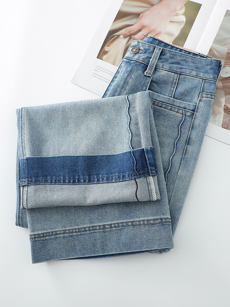 Light - Blue Straight - Leg Jeans Summer Slim High - Waisted 