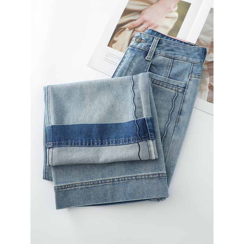 Light - Blue Straight - Leg Jeans Summer Slim High - Waisted 