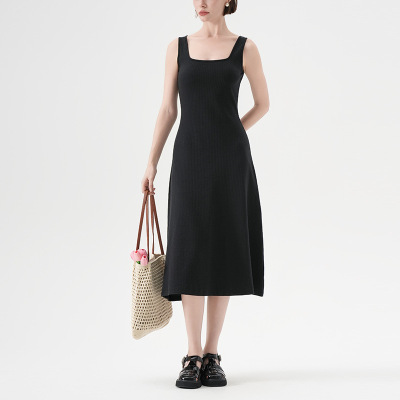 Elegant French - Style Cotton Midi Dress with Square Neck 01