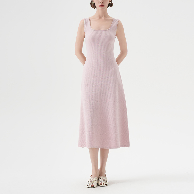 Elegant French - Style Cotton Midi Dress with Square Neck