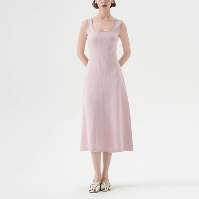 Elegant French - Style Cotton Midi Dress with Square Neck 02