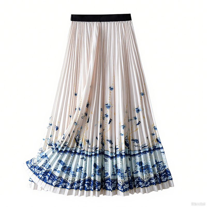 Flowy Slim - fitting Chinese - style Pleated Long Skirt